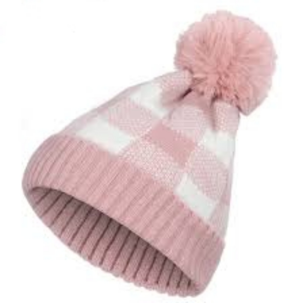 Pink Plaid Pattern Cuff Pom Beanie